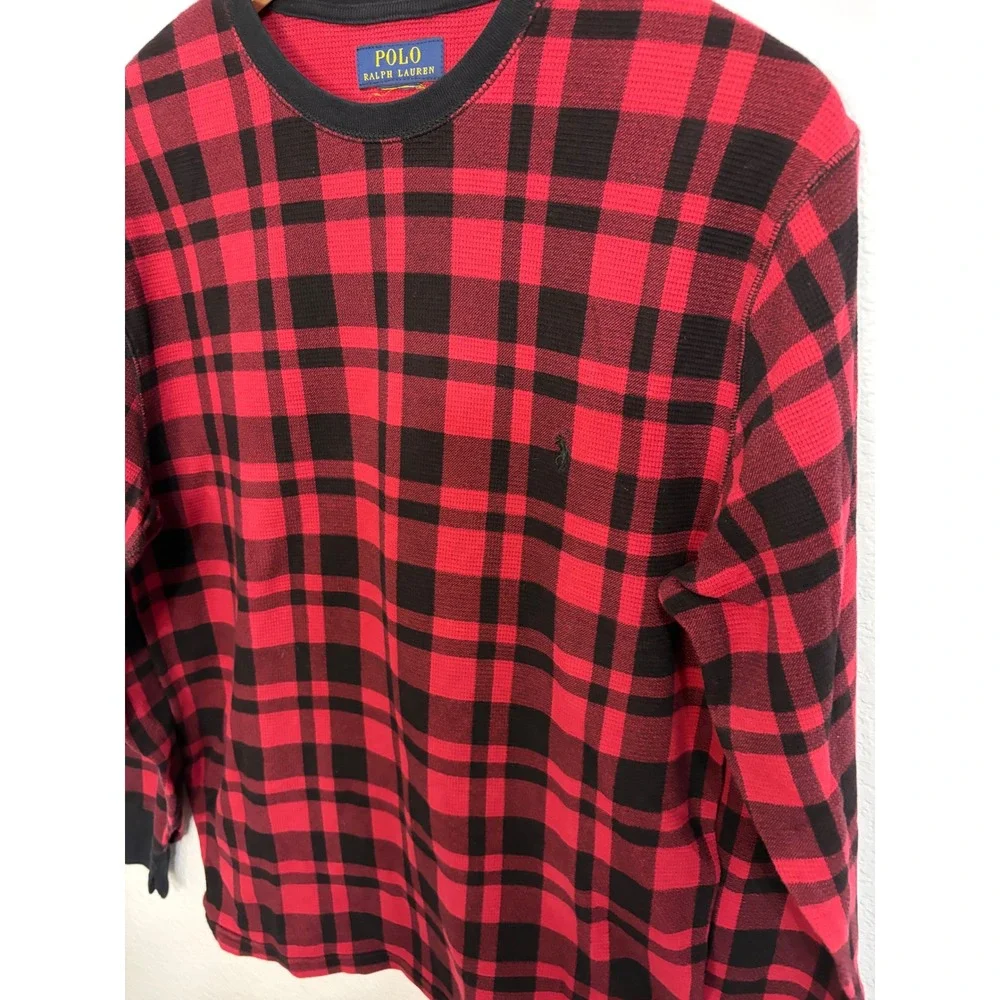 Polo Ralph Lauren Mens Red Black Buffalo Plaid Waffle‎ Knit Thermal Shirt Medium